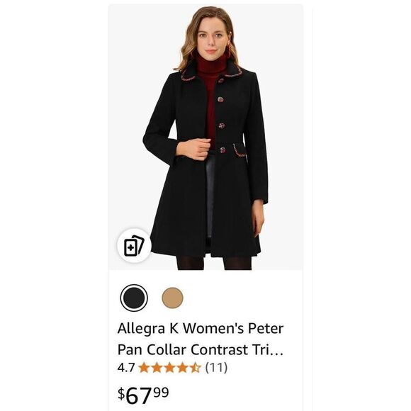 Allegra K Women's Peter Pan Collar Contrast Trim Single Breasted Long Coat - Picture 8 of 8